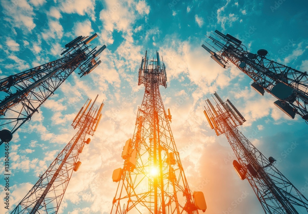 Majestic View of Cell Towers Against a Vibrant Sky During Sunset, Highlighting Communication Technology and Modern Infrastructure Majestic View of Cell Towers Against a Vibrant Sky During Sunset, Highlighting Communication Technology and Modern Infrastructure