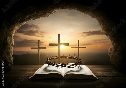 Palm Sunday celebration with Holy Cross Jesus Thorn crown and Biblical Scene Palm Sunday Worship