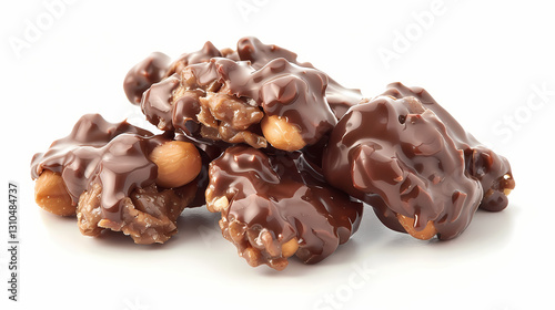  a peanut cluster coated in glossy chocolate and caramel, isolated on a clean white background. 