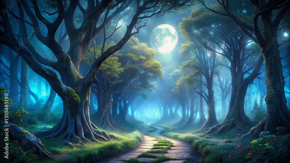 Fototapeta premium Ethereal Moonlit Forest Path: Mystical Fog & Ancient Trees