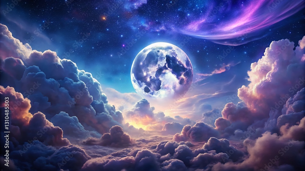 Fototapeta premium Ethereal Night Sky: Glowing Moon and Celestial Clouds Landscape