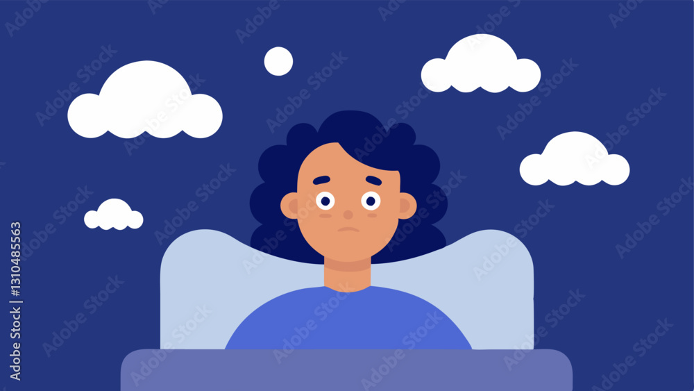 Sleep Disturbance A person lying in bed with wide eyes and floating thought clouds disrupting sleep reflecting insomnia related to stress and anxiety. Sleep Disturbance A person lying in bed with wide eyes and floating thought clouds disrupting sleep reflecting insomnia related to stress and anxiety.