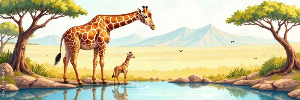 Obraz premium Safari animal watercolor illustration of a giraffe drinking from a watering hole, baby room decor, nature illustration, wildlife
