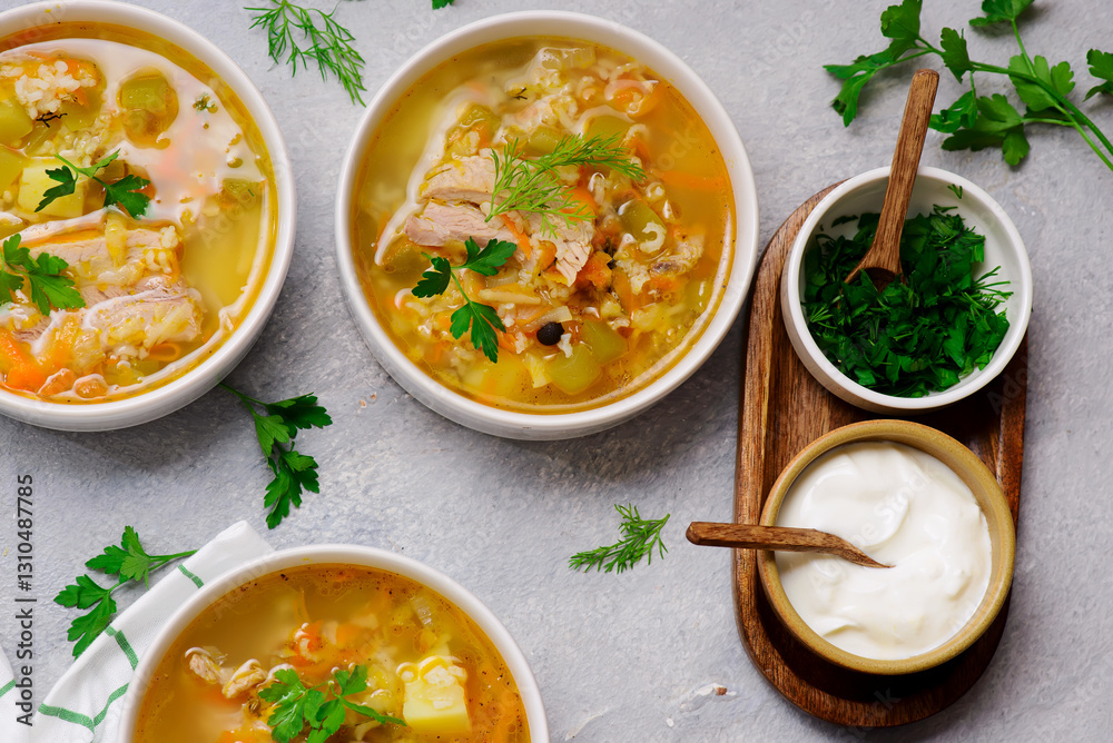 Traditional Russian rassolnik soup with pork and pickles .style rustic