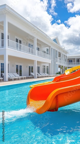 Bright Orange Water Slide Cascading into Clear Pool at a Modern Resort with White Architecture and Blue Sky in the Background