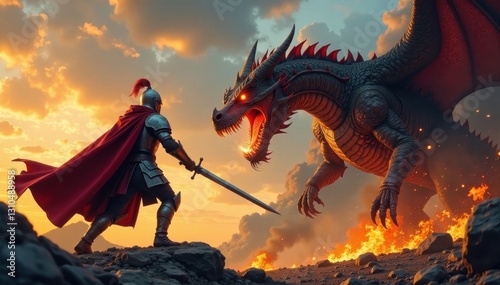 Knight with sword drawn fighting a giant dragon breathing fire and destruction, armor, dragons, fantasy