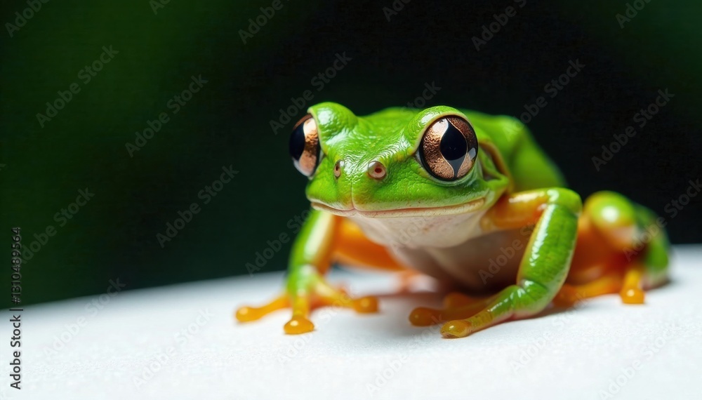 Naklejka premium Le grenouille dans un panneau blanc avec ses yeux noirs brillants, greenery, white panel, pond