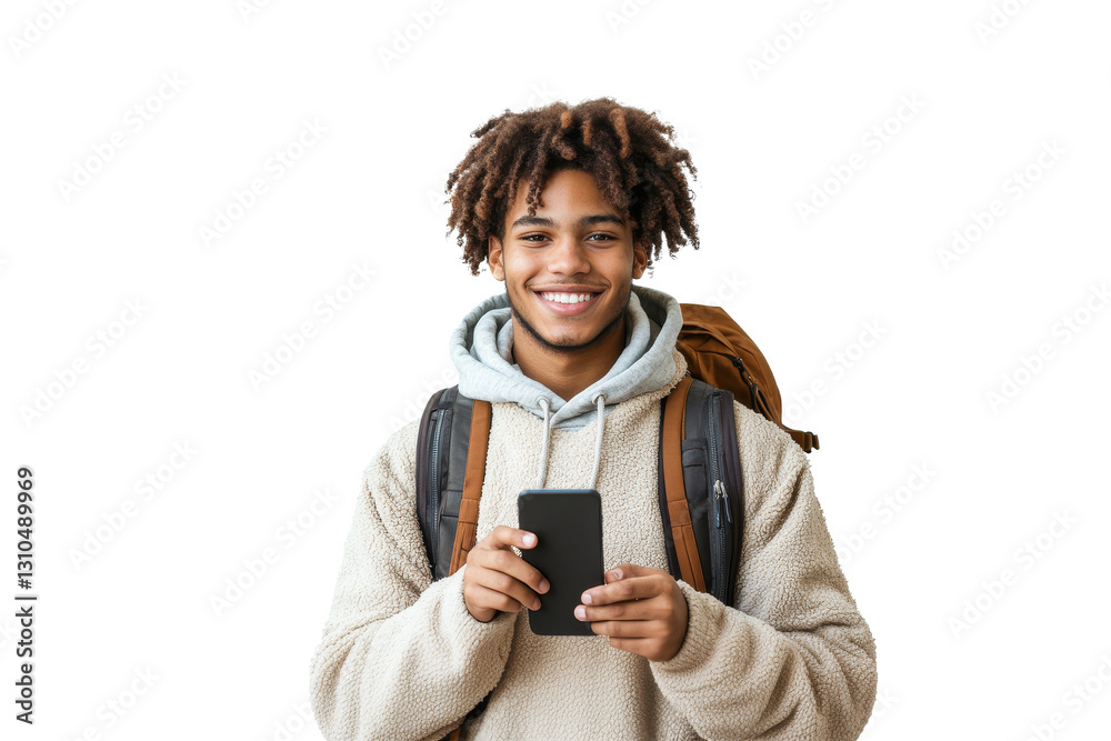 Young person with curly hair smiles while holding a smartphone against a plain background