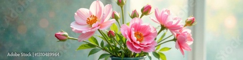 Soft watercolor flowers in a vase with greenery, soft color palette, garden fresh, greenery