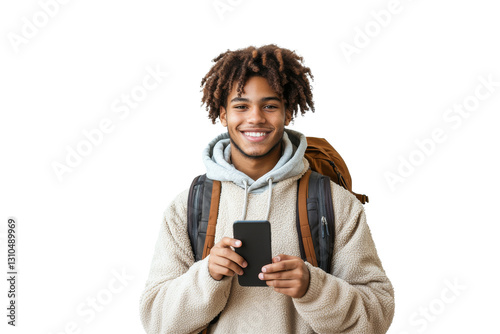 Obraz na płótnie Young person with curly hair smiles while holding a smartphone against a plain background w salonie
