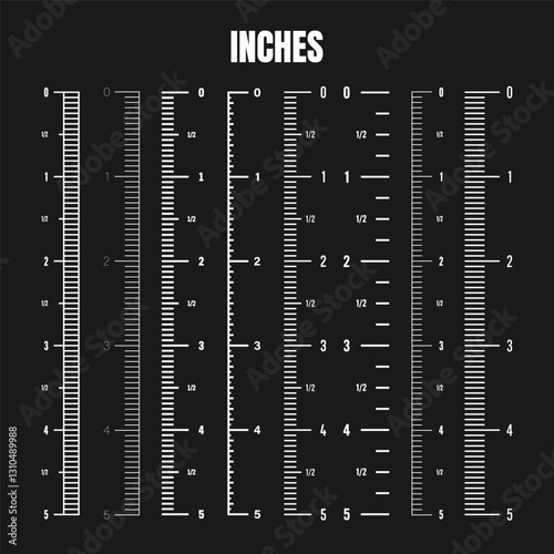 Vertical inch scale for measuring length or height. Various measurement scales with divisions. Ruler, tape measure marks, size indicators. Vector illustration
