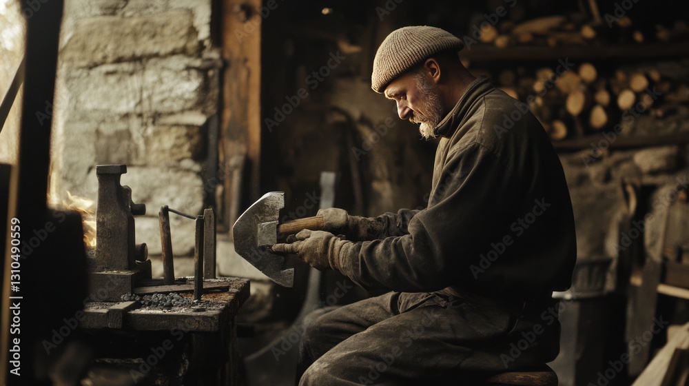 Fototapeta premium Soldier Soldier Repairing Moment Striking Hammer Shield
