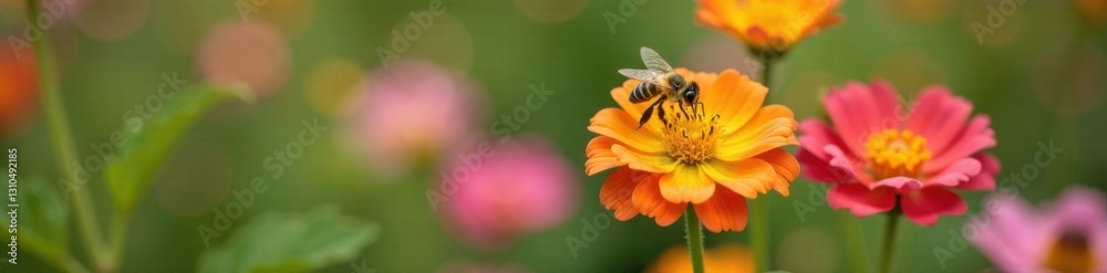 Single bee hovering around colorful flower in garden, insects, flowers, bees Single bee hovering around colorful flower in garden, insects, flowers, bees