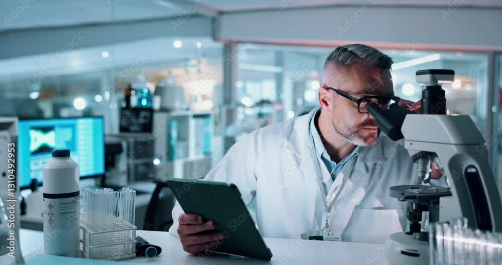 Microscope, science and tablet with man in lab for development of cure, medicine or treatment. Biotechnology, innovation and investigation with mature scientist in clinical trial for research