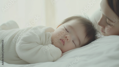 白いベッドの上で白い服を着て眠る新生児の赤ちゃん