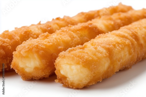 Three golden-brown fried cheese sticks on a white background.