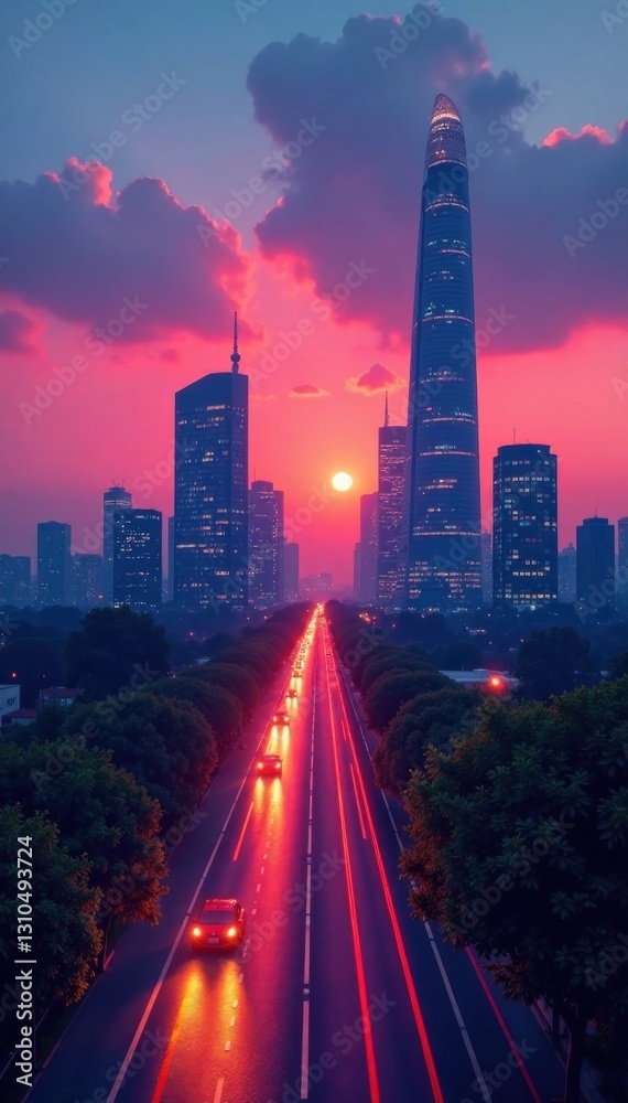 Fototapeta premium Minimalist cityscape at dusk, silhouette, shadows, architecture