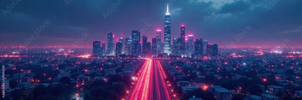 Fototapeta premium Minimalist cityscape with skyscrapers and neon lights, modern, skyscrapers, city lights