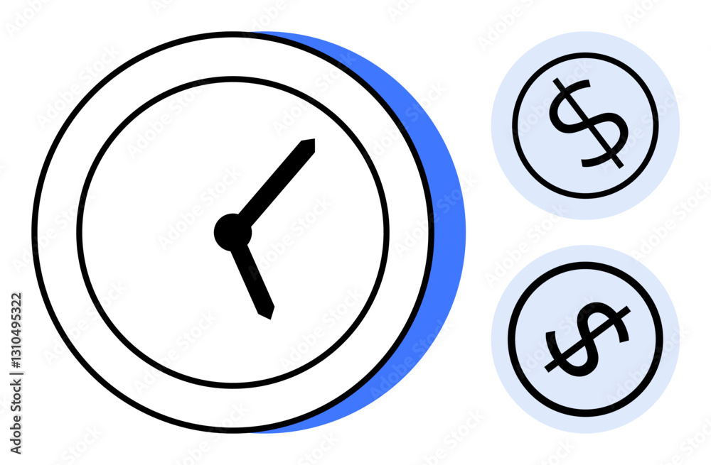 Analog clock alongside two dollar coins represents time management, monetary value, and efficiency. Ideal for productivity, economy, finance, deadlines, business, investments flat simple metaphor Analog clock alongside two dollar coins represents time management, monetary value, and efficiency. Ideal for productivity, economy, finance, deadlines, business, investments flat simple metaphor