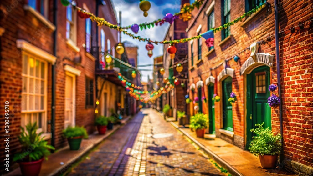 Fototapeta premium Festive Red Brick Alleyway, Mardi Gras Decorations, Tilt-Shift Miniature Effect Stock Photo