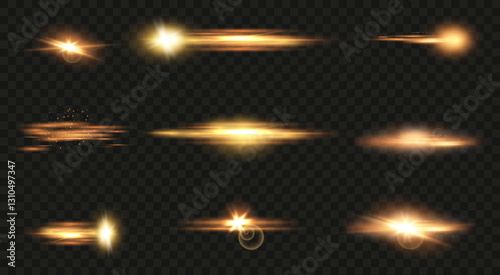 Set of flashes, lights and sparks. Abstract golden lights isolated on a transparent background. Bright gold flashes and glares. Bright rays of light. Glowing lines. Vector illustration. EPS 10