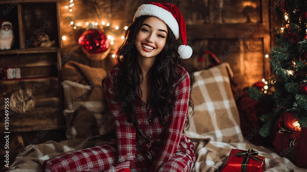 Professional image of a beautiful, happy young woman in checkered red pants Professional image of a beautiful, happy young woman in checkered red pants