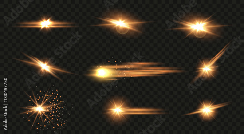 Set of flashes, lights and sparks. Abstract golden lights isolated on a transparent background. Bright gold flashes and glares. Bright rays of light. Glowing lines. Vector illustration. EPS 10