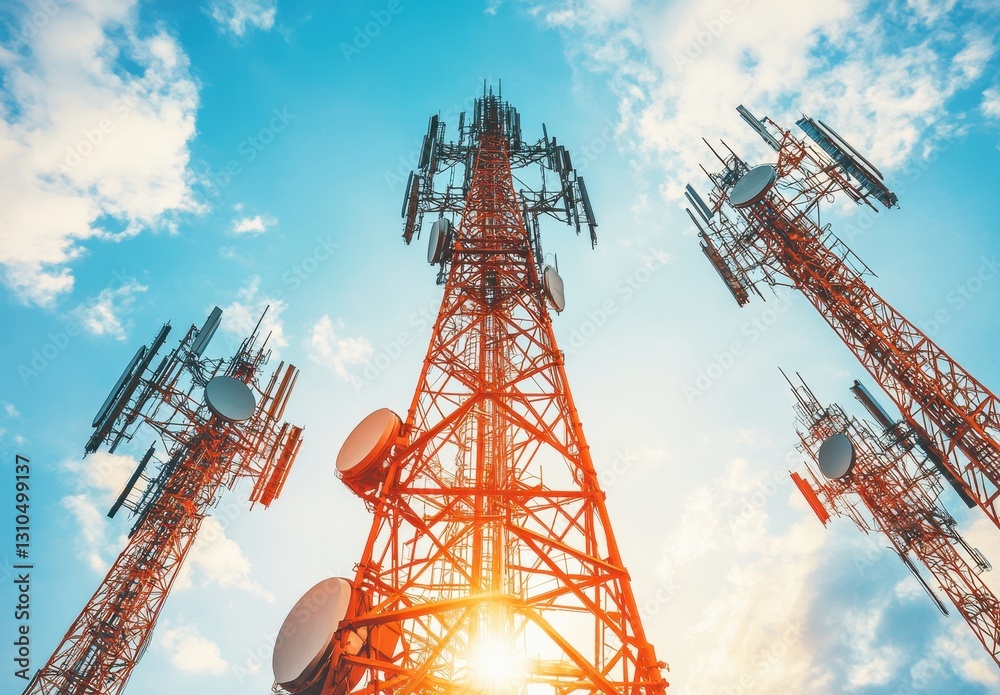 Towering Communication Structures Against Bright Blue Sky with Scenic Cloud Highlights at Sunset in Modern Telecommunications Environment