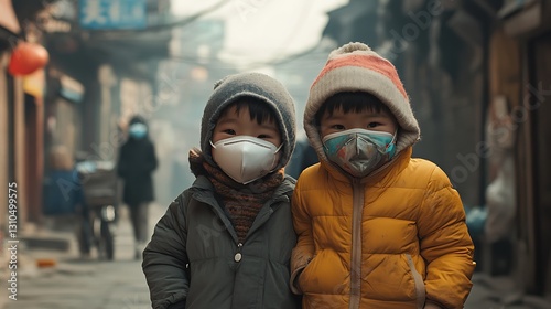 Children Wearing Face Masks in Urban Environment During Cold Season
