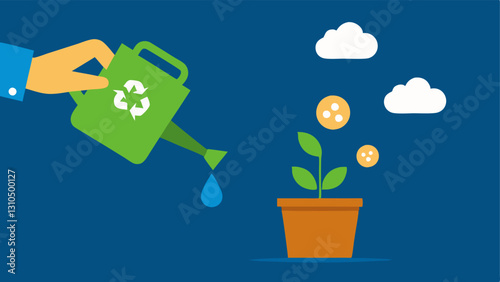 Recycling Symbols and Coins Coins pouring out of a hand surrounded by recycling symbols illustrating financial support for recycling and waste reduction initiatives.