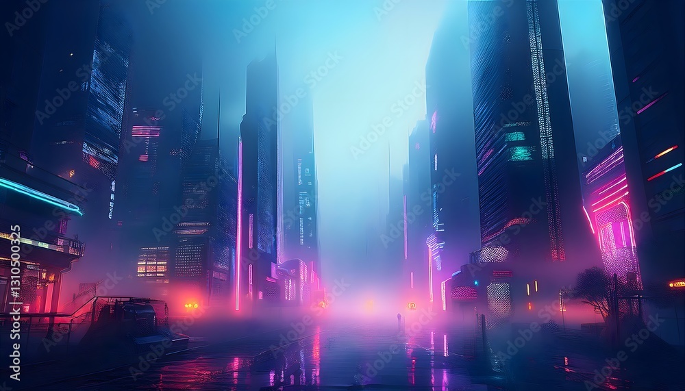 Naklejka premium Neon Fog: A Cyberpunk Metropolis at Night, Futuristic Cityscape Drenched in Mist and Neon Glow, Cyberpunk Skyline: A Foggy, Neon-Lit Future.