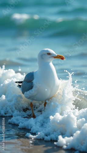 Ocean waves gently touching a seagull's feathers, symbolizing serenity, peaceful, ocean, serenity