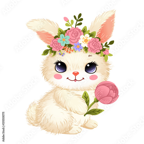 Adorable fluffy bunny with floral crown holding a pink flower. Cute spring illustration