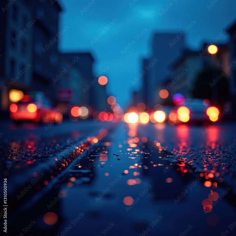 Fototapeta premium Sparkling glitter bokeh in a deep dark blue frame with city lights at dusk, night sky, city lights, urban