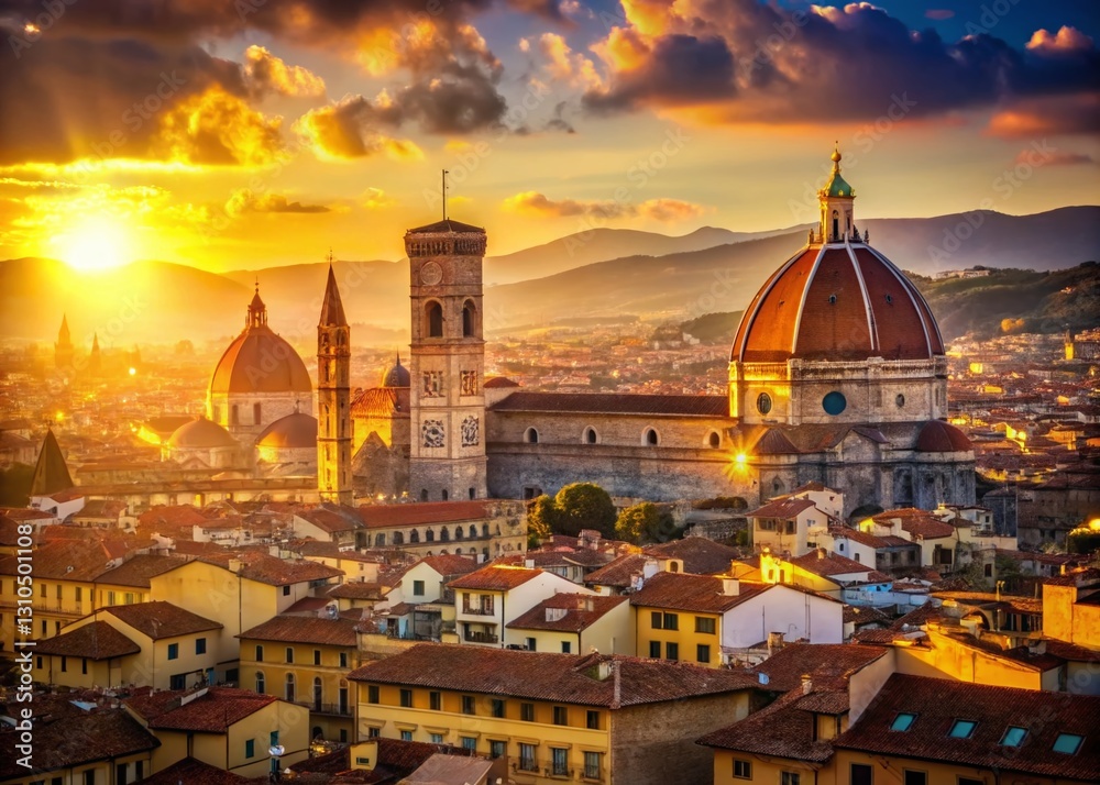 Fototapeta premium Florence Aerial View: Duomo & Santa Croce Basilica with Bokeh