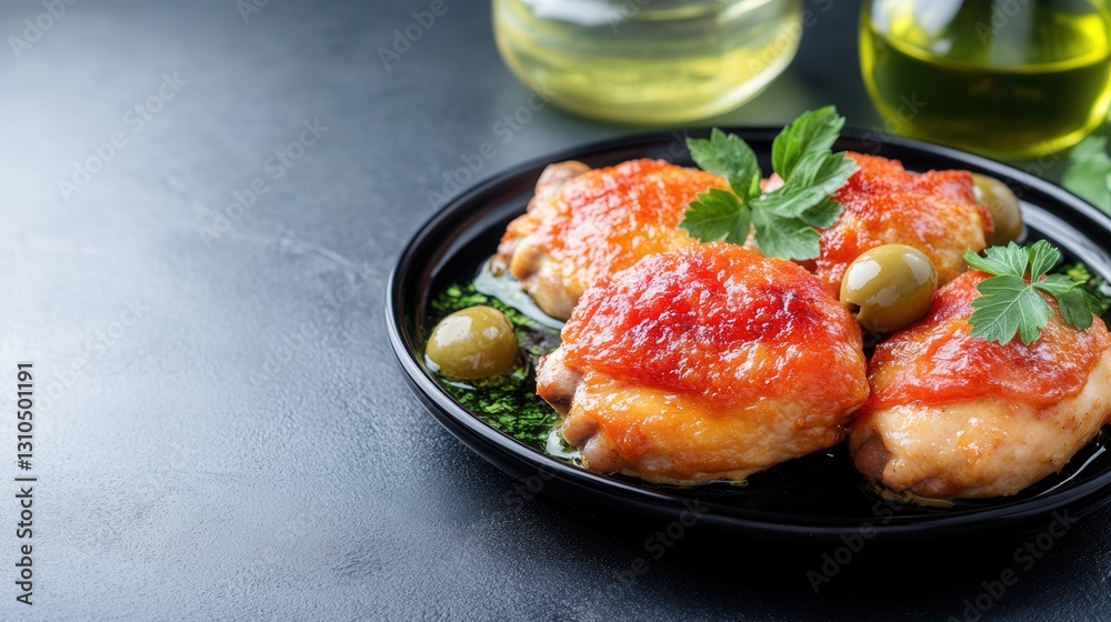 A beautifully arranged plate of food accompanied by a bottle of olive oil perfect for enhancing culinary flavors A beautifully arranged plate of food accompanied by a bottle of olive oil perfect for enhancing culinary flavors