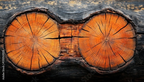 Cross-section of a tree trunk showing intricate patterns and vibrant orange hues, rustic beauty