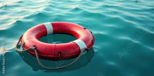 Old life preserver floating on calm sea surface , water, safety, flotation