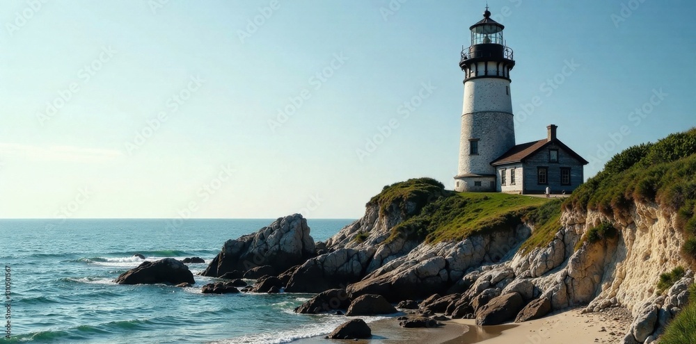 Old wooden lighthouse standing alone on rocky coastline , cliff, weathered, rock Old wooden lighthouse standing alone on rocky coastline , cliff, weathered, rock