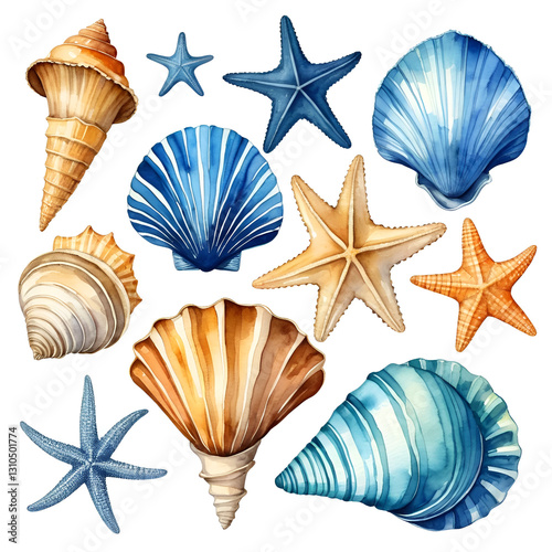 Sea shell collection, vector watercolor hand drawn ocean conch set, nature exotic mollusc, starfish. Mediterranean blue ink nautical retro illustration, summer travel marine kit. Underwater sea shell