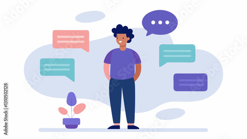 Small Talk Preparation An individual practicing small talk in front of a speech bubble filled with conversation starters and questions representing preparation for social