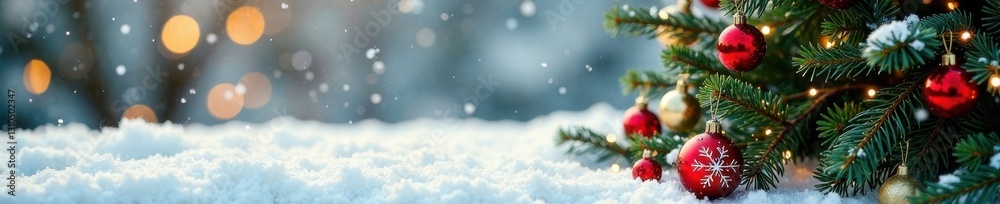 Ornamented Christmas fir tree on a snowy white tablecloth, winter theme, snowflake pattern, white tablecloth Ornamented Christmas fir tree on a snowy white tablecloth, winter theme, snowflake pattern, white tablecloth