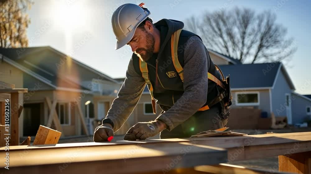A low-angle video shot of a focused construction worker measuring wood on a sunny day, capturing the essence of craftsmanship and dedication. A low-angle video shot of a focused construction worker measuring wood on a sunny day, capturing the essence of craftsmanship and dedication.