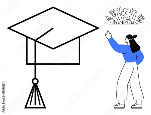 Graduation cap with tassel next to a woman gesturing at illustrated flowers symbolizing growth, knowledge, and success. Ideal for education, personal growth, career goals, learning concepts