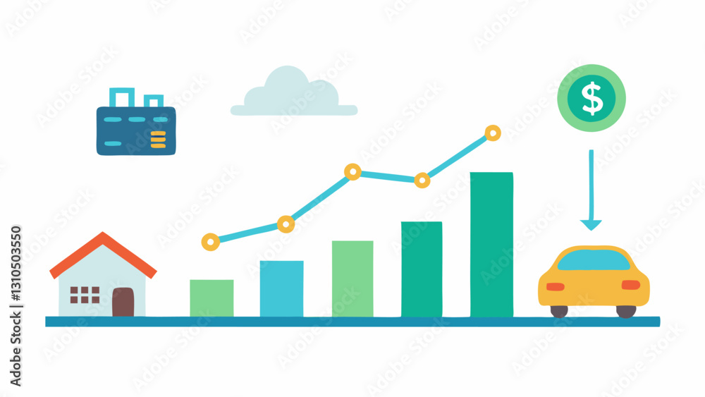 Positive Credit Score Graph An upwardpointing graph showcasing a rising credit score with icons of a house car and savings account along the rise.