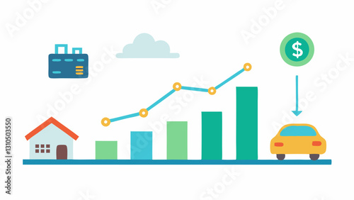 Positive Credit Score Graph An upwardpointing graph showcasing a rising credit score with icons of a house car and savings account along the rise.