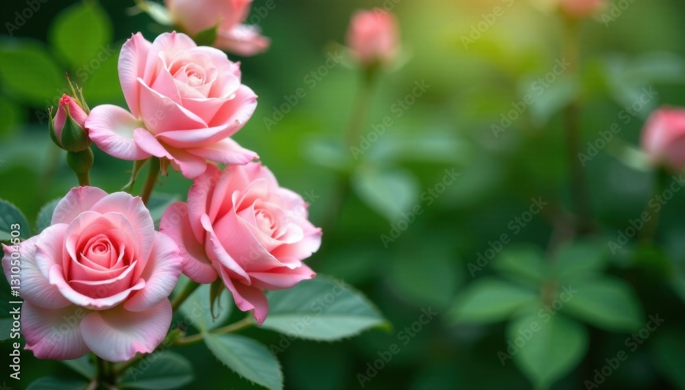 Pastel pink roses surrounded by lush greenery, romance, blooming, nature Pastel pink roses surrounded by lush greenery, romance, blooming, nature