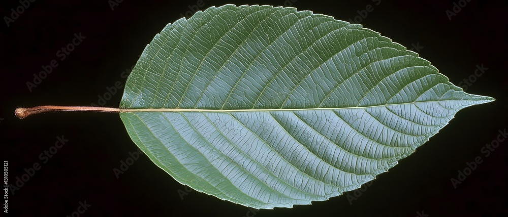 Obraz premium Detailed Closeup of a Single Green Leaf with Veins, Isolated on Black Background
