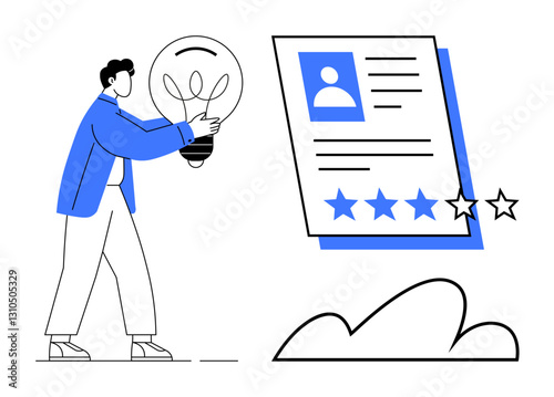 Wallpaper Mural Man holding light bulb representing idea and profile with rating stars. Ideal for creativity, user profile, feedback, innovation, personal growth, review system, productivity. Flat simple metaphor Torontodigital.ca