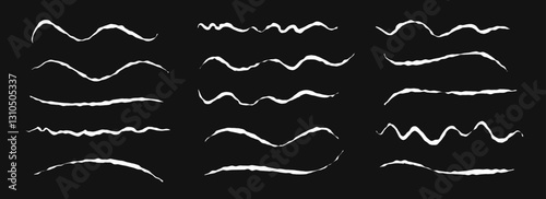 Hand drawn chalk wave lines set. White pastel squiggle underlines and strokes collection. Wavy crayon brushstroke bundles. Rough sketch marks and highlights for divide, separate and emphasis. Vector
